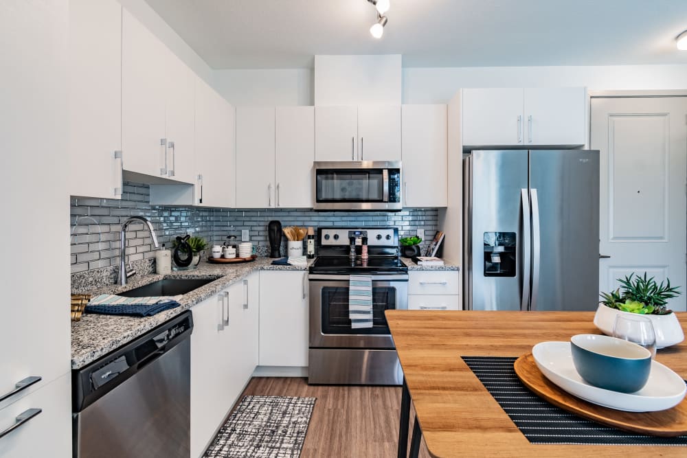 Kitchen with stainless steel appliances at Vue on Lake Monroe in Sanford, Florida