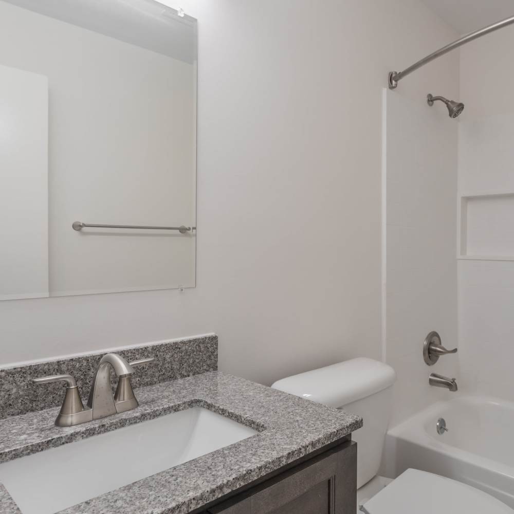 Bathroom with shower and tub at Pebblestone Gardens in Newport News, Virginia