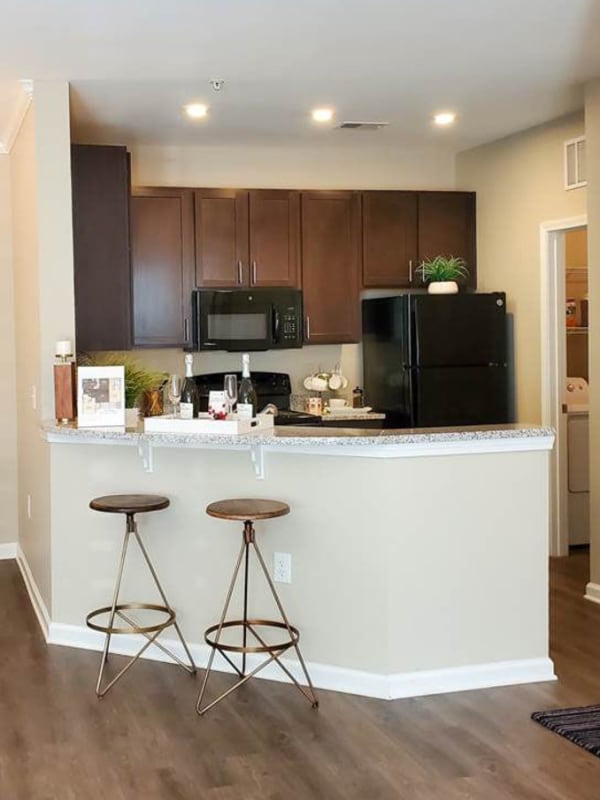 Fully equipped kitchen with sleek black appliances at Bluewater at Bolton's Landing in Charleston, South Carolina
