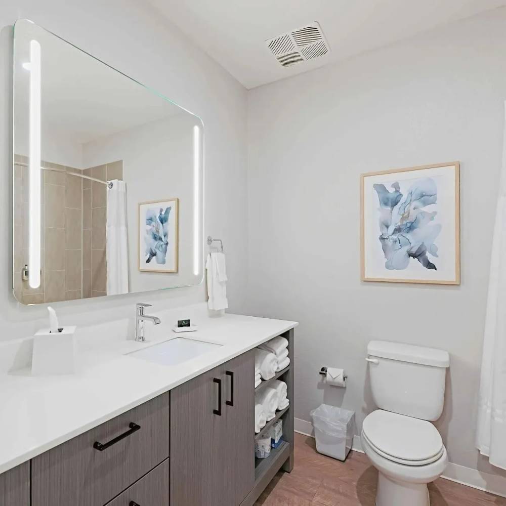 Modern bathroom with sleek vanity and mirror at WaterWalk Jacksonville - Deerwood Park in Jacksonville, Florida