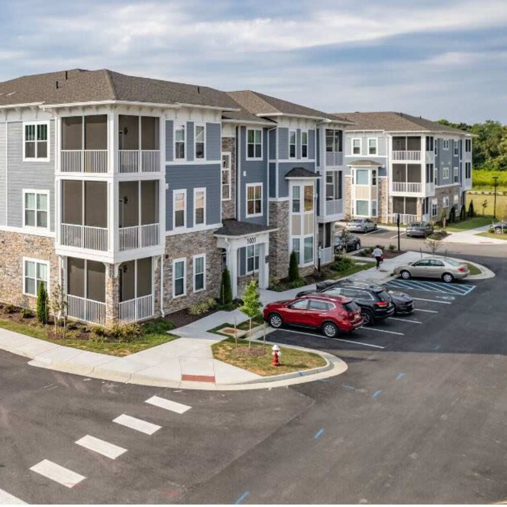 Exterior of the apartment building at The Apartments At Kelton Station in Williamsburg, Virginia