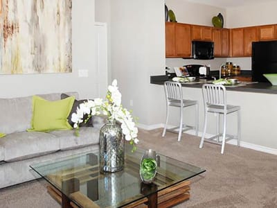 Living room of a model home with carpet-style floors at Outlook Ridge in Pueblo, Colorado