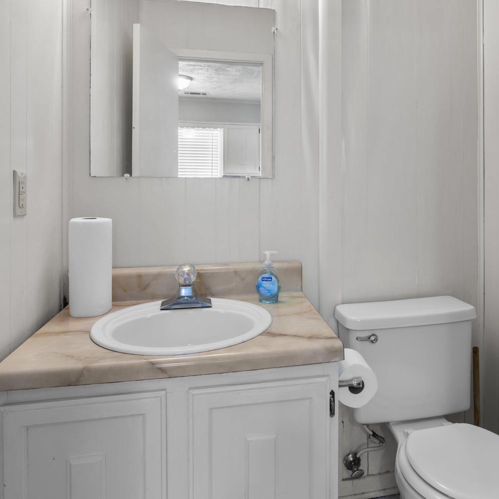 Bright and welcoming bathroom featuring elegant marble countertops and a classic mirror at Pecan Ridge in Vicksburg, Mississippi.