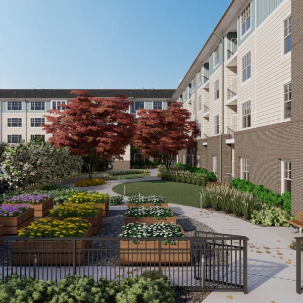 Beautiful landscaping and raised garden beds at Acclaim at The Hill, Fredericksburg, Virginia