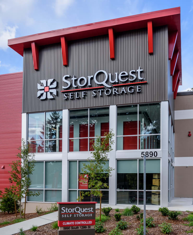 Exterior of the main entrance at StorQuest Self Storage in Seattle, Washington