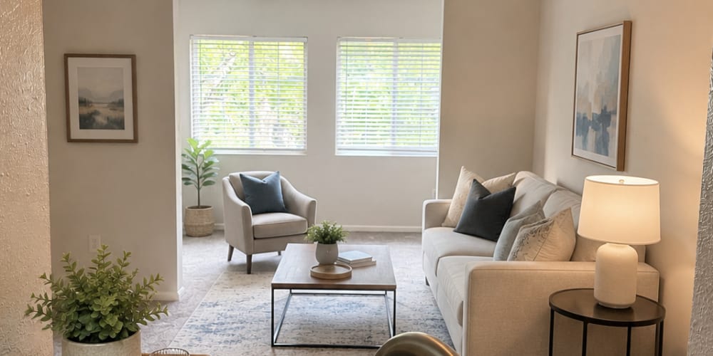 Furnished living room with sunroom at Sabal Palms in Charleston, South Carolina
