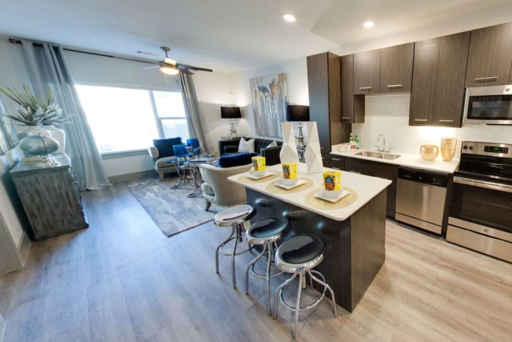 Model kitchen and living room area at Argon in Oklahoma City, Oklahoma