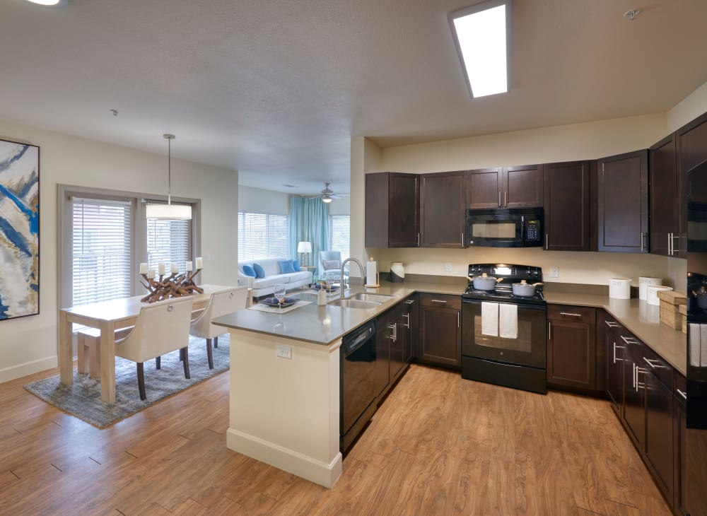 Sleek modern décor in an apartment kitchen at M2 Apartments in Denver, Colorado