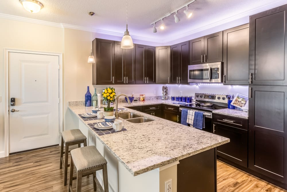 Modern kitchen with counter seating and stainless steel appliances at The Loop at 2800 in Sarasota, Florida