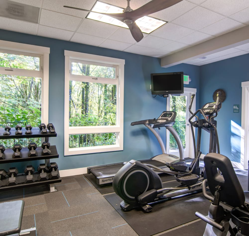 Fitness center with a view of the surrounding forest at Sofi at Forest Heights in Portland, Oregon