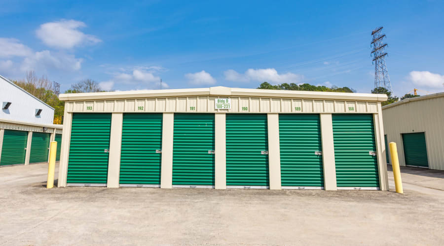 Storage units with blue doors and locks at KO Storage in Chattanooga, Tennessee