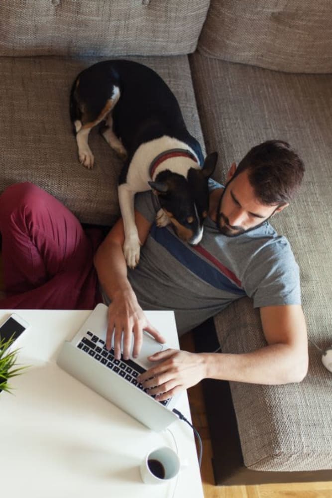 Resident and his dog getting to know the hardwood-style flooring in their new home at Campbell Flats Apartments in Springfield, Missouri