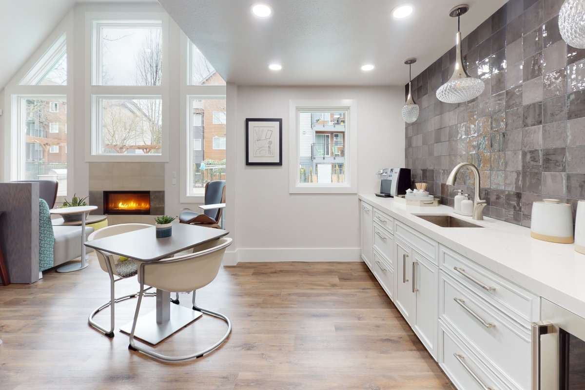 Clubhouse kitchen at Redmond Place Apartments in Redmond, Washington
