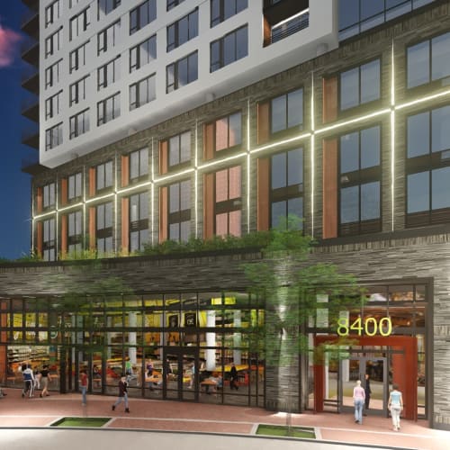 Streetview of Solaire 8200 Dixon in Silver Spring, Maryland at twilight