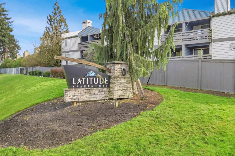 Monument sign and landscaping at Latitude Apartments in Everett, Washington