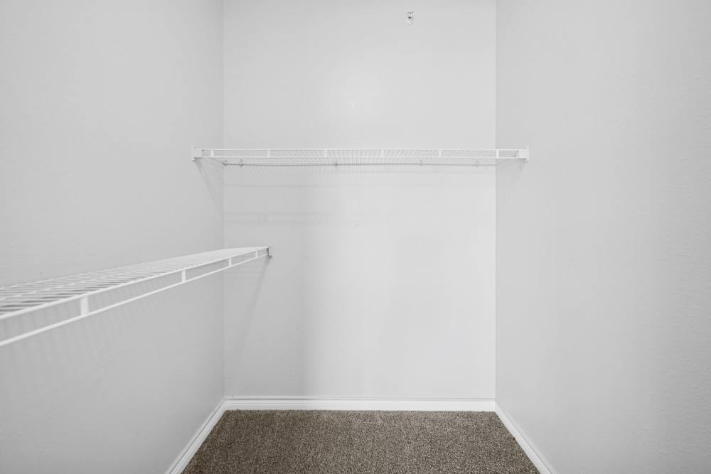 Empty, carpeted bedroom closet with shelving and hanging space at Village at Carlsbad in Carlsbad, New Mexico