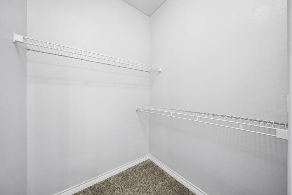 Empty, carpeted bedroom closet with shelving and hanging space at Village at Carlsbad in Carlsbad, New Mexico