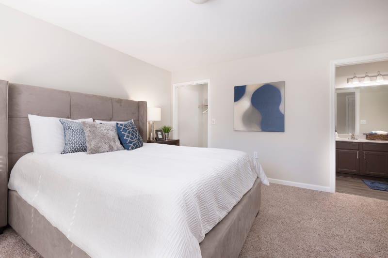 Carpeted bedroom with private bathroom at Ascend @ 1801 In Charlotte NC