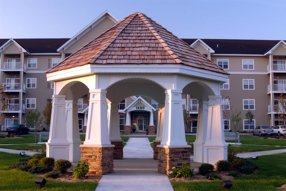 A gazebo leading to Applewood Pointe of Roseville in Roseville, Minnesota. 