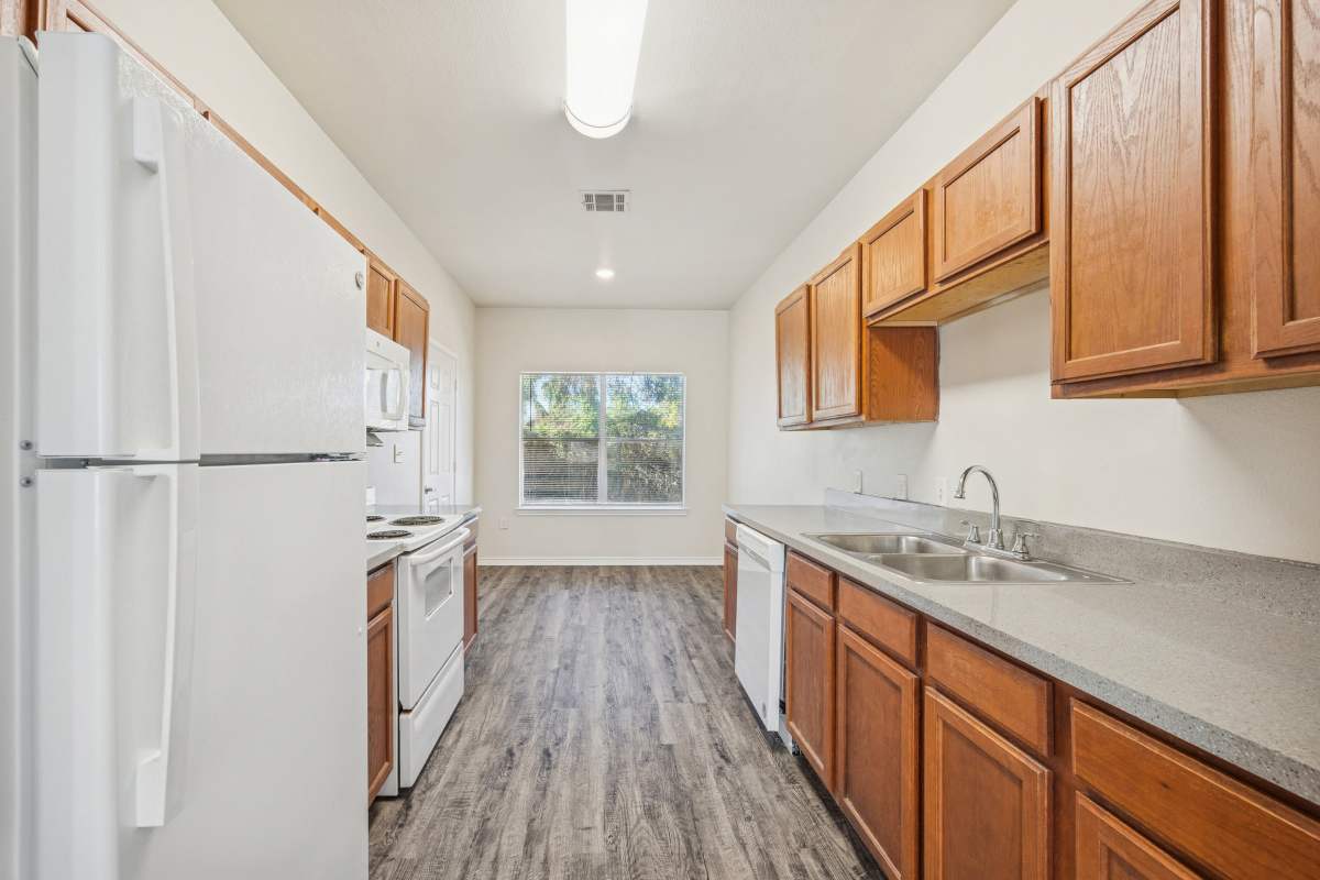 Kitchen of an apartment home at Casa Brazoria in Clute, Texas