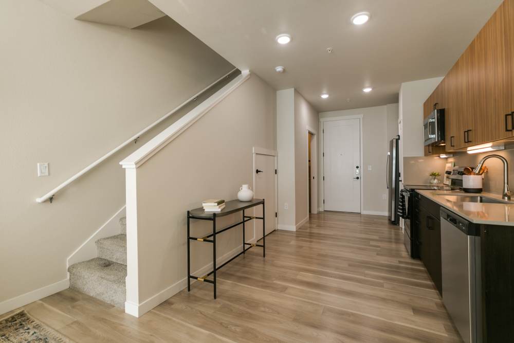 Open kitchen with steps at Olympus Latitude in Albuquerque, New Mexico