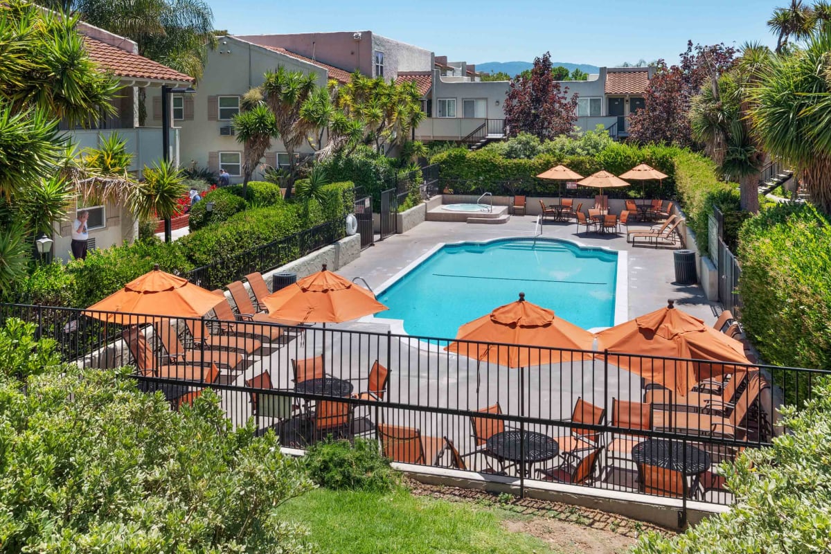The sparkling swimming pool at Village of Taxco in San Jose, California