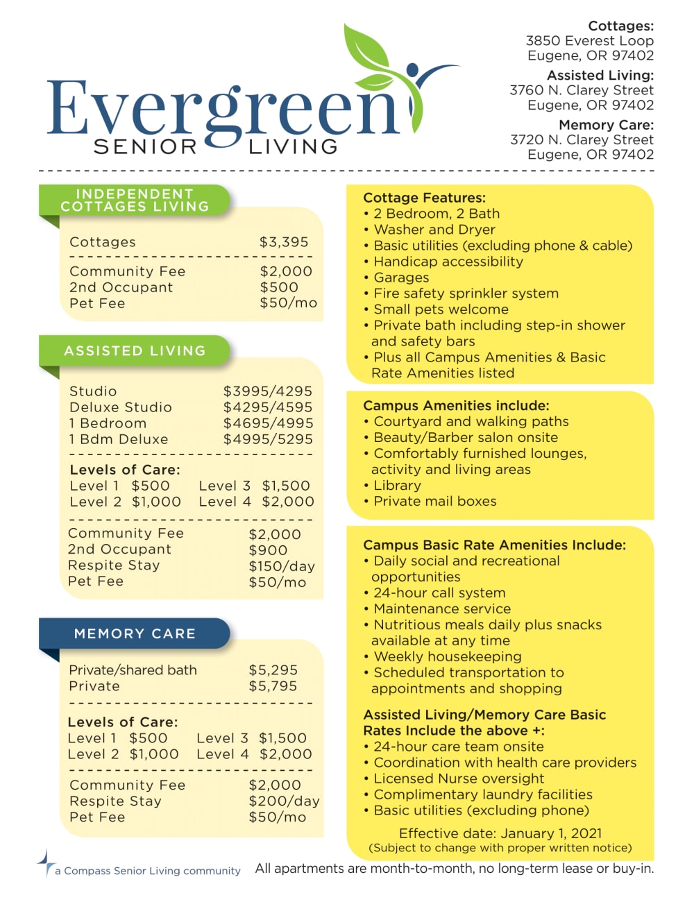 Rates at Evergreen Senior Living