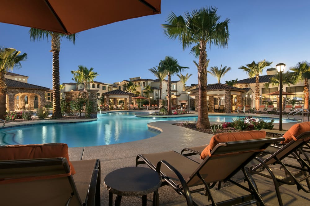 Beautiful swimming pool at dusk at San Valencia in Chandler, Arizona