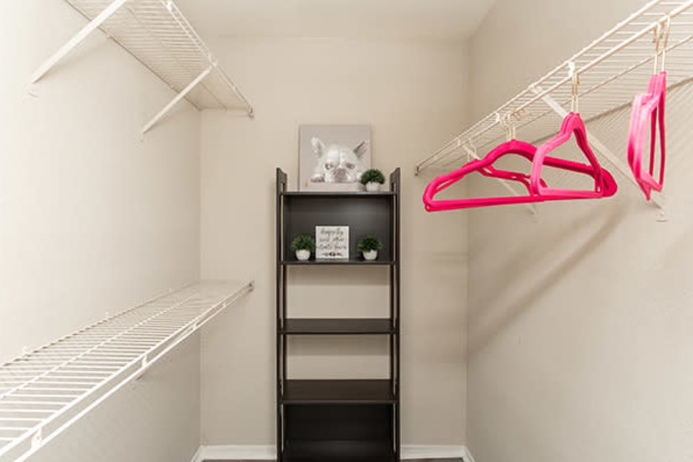 Interior of a large walk-in closet at Castlegate Collier Hills in Atlanta, Georgia