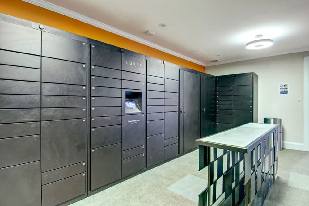 Mail room and parcel pick up center at Bradlee Danvers in Danvers, Massachusetts