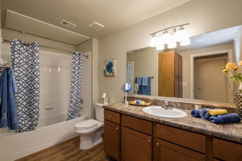 Bathroom with light wood flooring and lots of counterspace at Verandas at Alamo Ranch in San Antonio, Texas