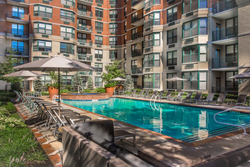 Resort-style swimming pool at Riverbend at Port Imperial in West New York, New Jersey