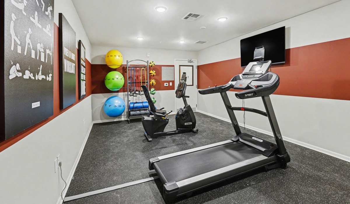 Fitness center with treadmill, stationary bike, exercise balls, and motivational wall art at Annika Place II in Traverse City, Michigan