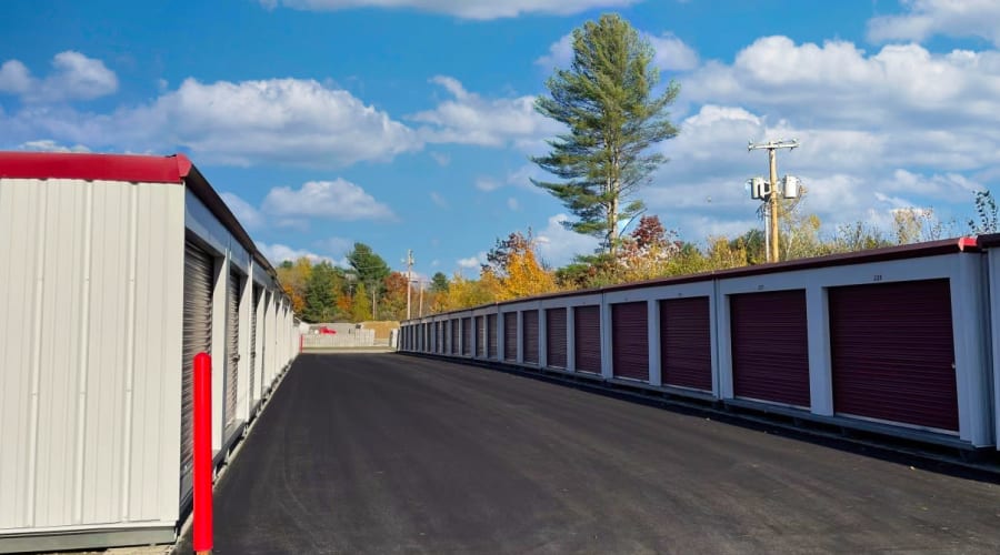 Storage units with blue doors and locks at KO Storage in Auburn, Maine