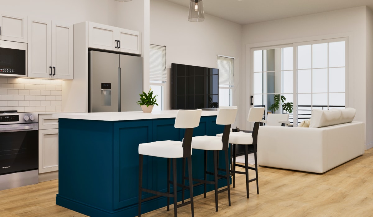 Kitchen and living area at Two West End in Charlotte, North Carolina