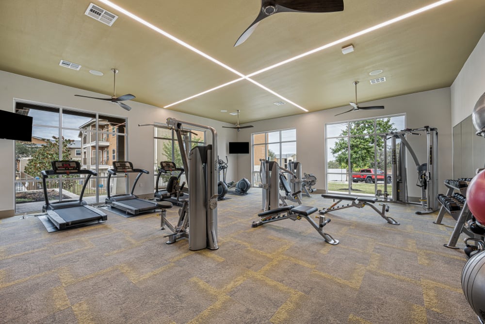 Spacious fitness center at The Residences at Panther Hollow in Marble Falls, Texas