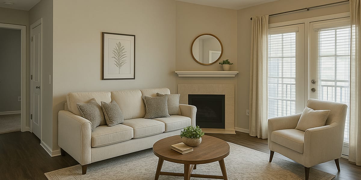Living room with a comfortable couch at Lauth Communities in Carmel, Indiana