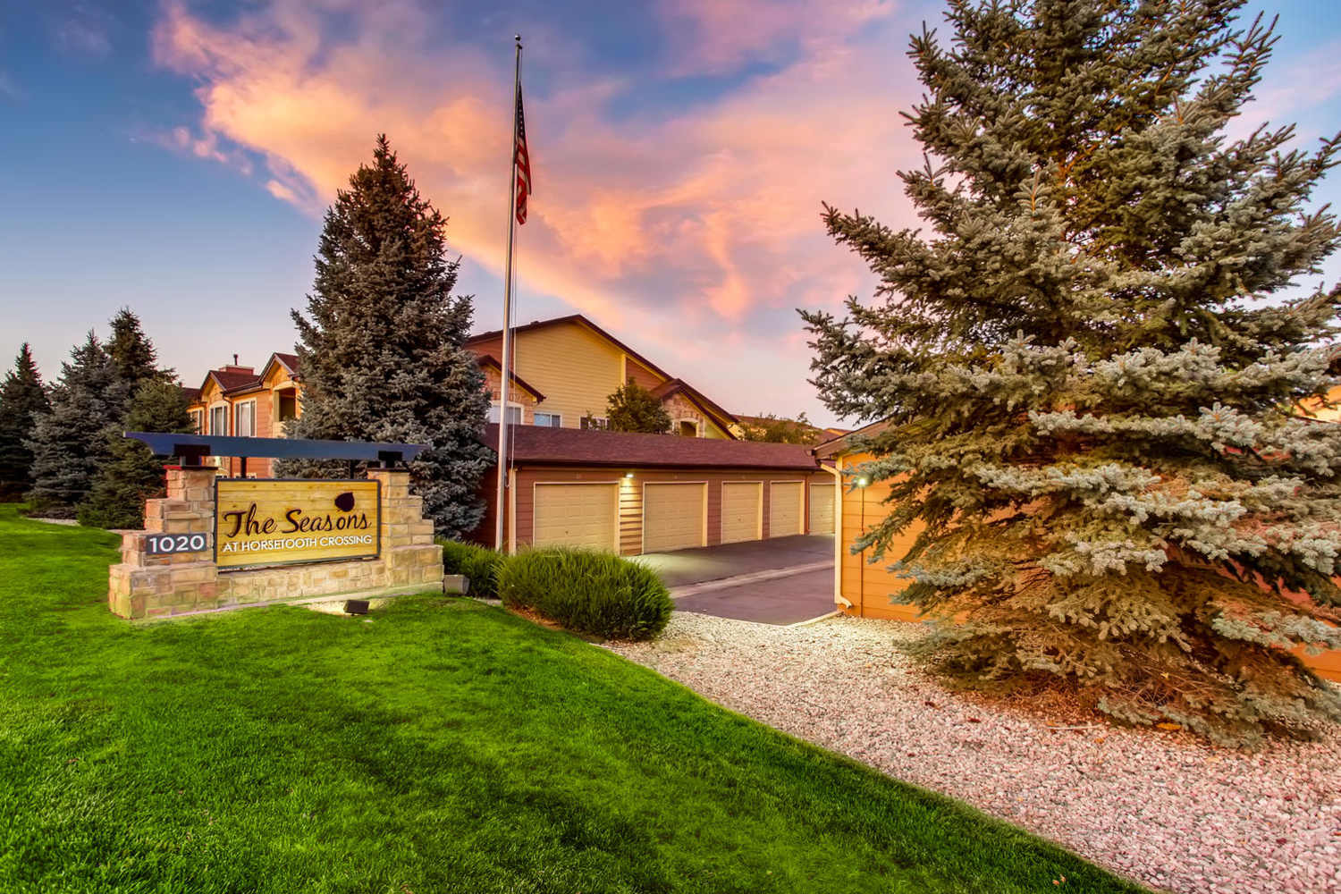 Community with greenery all around at The Seasons at Horsetooth Crossing in Fort Collins, Colorado