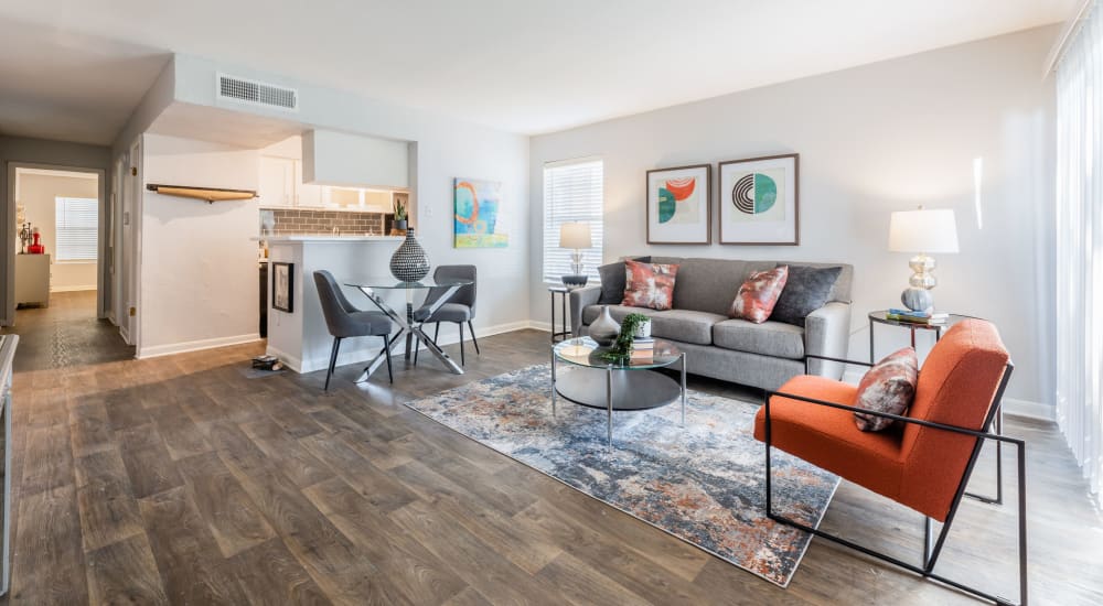 Resident living space in a model home at The Gates in Houston, Texas