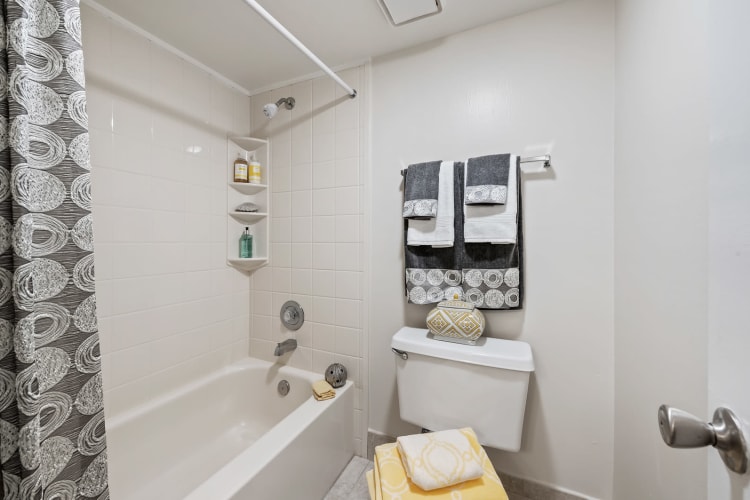 Apartment bathroom with bath and shower at Meadow Walk Apartments in Miami Lakes, Florida