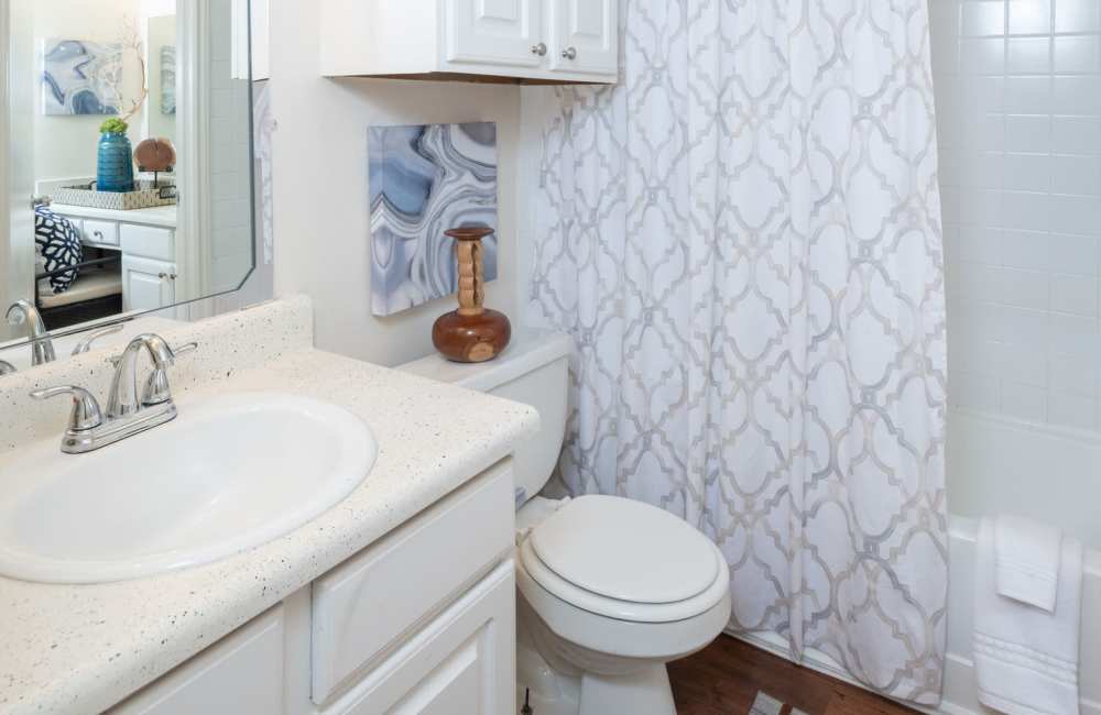 A stylish bathroom with elegant details and modern finishes at Charter Oak in Euless, Texas.
