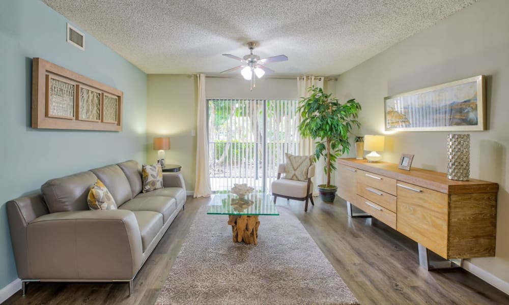 Living room model home at Village Place Apartment Homes in West Palm Beach, Florida