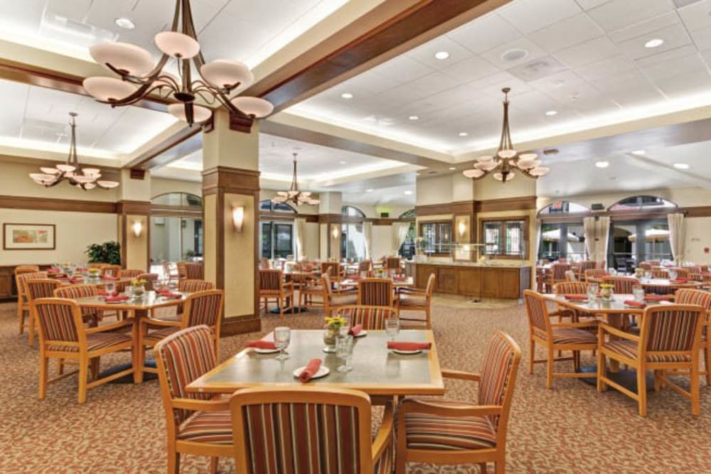 Spacious dining room at Merrill Gardens at Campbell in Campbell, California. 