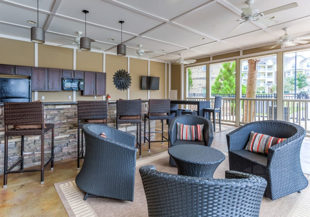 Clubhouse kitchen and entertainment area at Amberton at Stonewater in Cary, North Carolina