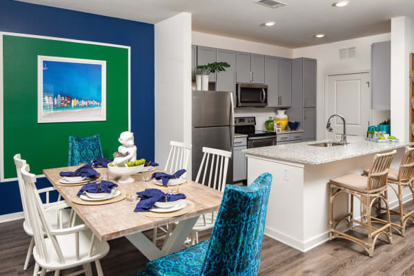 Cozy kitchen and dining area in apartment at The Iris at Northpointe in Lutz, Florida