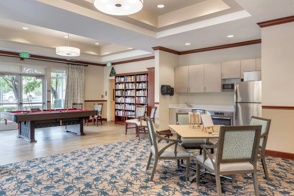 Dining tables and billiards at The Creekside in Woodinville, Washington