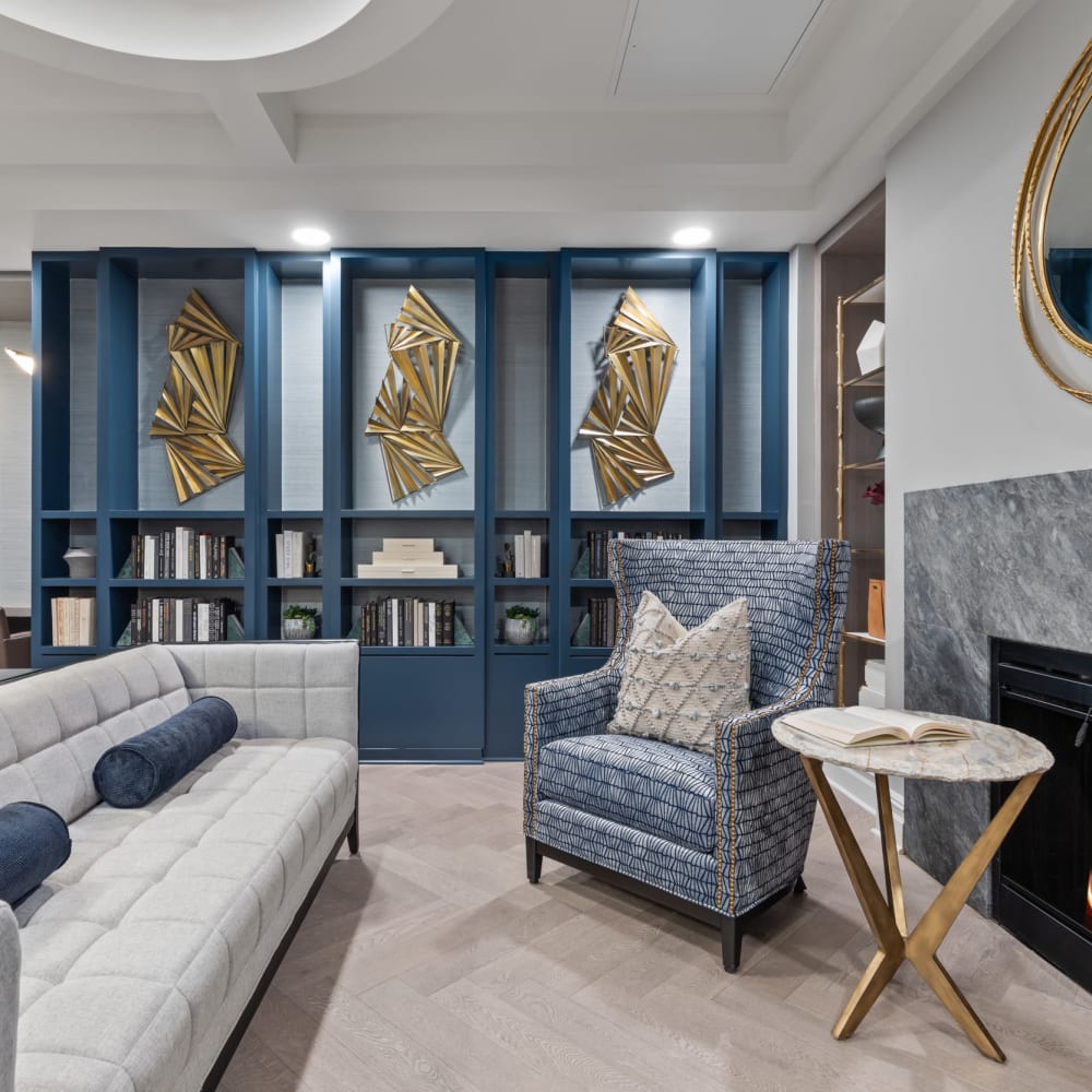 Lounge seating area with fireplace at Anthology of The Plaza in Kansas City, Missouri