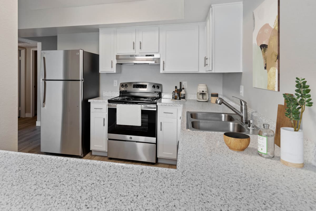 Stainless-steel appliances in an apartment kitchen at Ardella at Reche Canyon in Colton, California