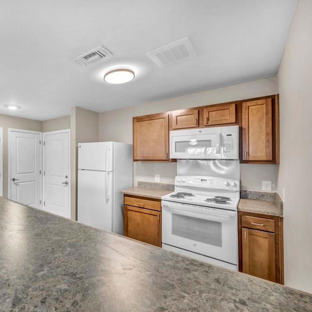 Kitchen with white appliances and wooden cabinets at Chesterfield Terrace in Parma, Ohio