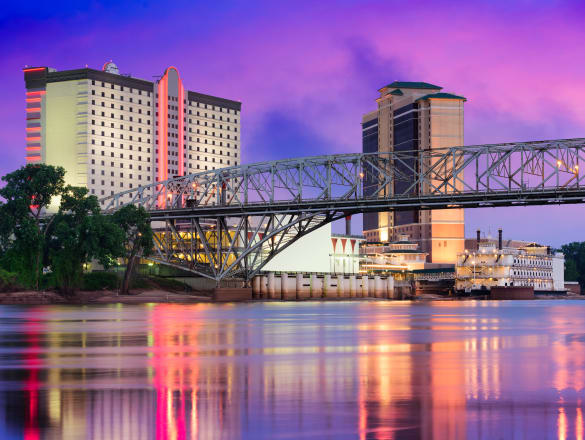 City skyline at dusk near The Parks on Village in Bossier City, LA